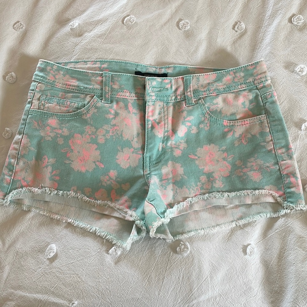 Light blue and hot pink floral low rise shorts